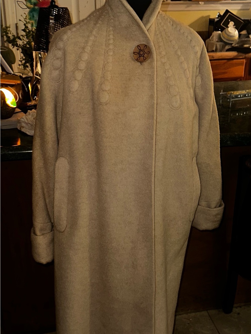 Vintage women’s  Cream Wool-Blend Pea Coat with Decorative Stitching